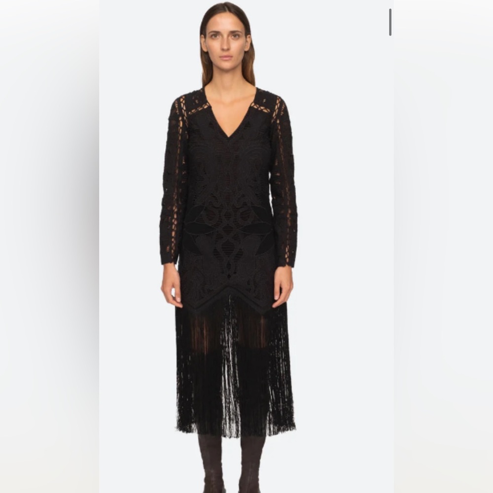 Sea New York Black Lace Fringe Long-Sleeve Dress